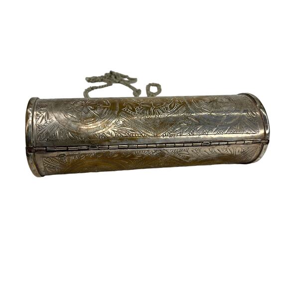 Vintage Peacock Flower Engraved Brass Pillow Purse Chain Strap 7" x 4.5" - Picture 15 of 16